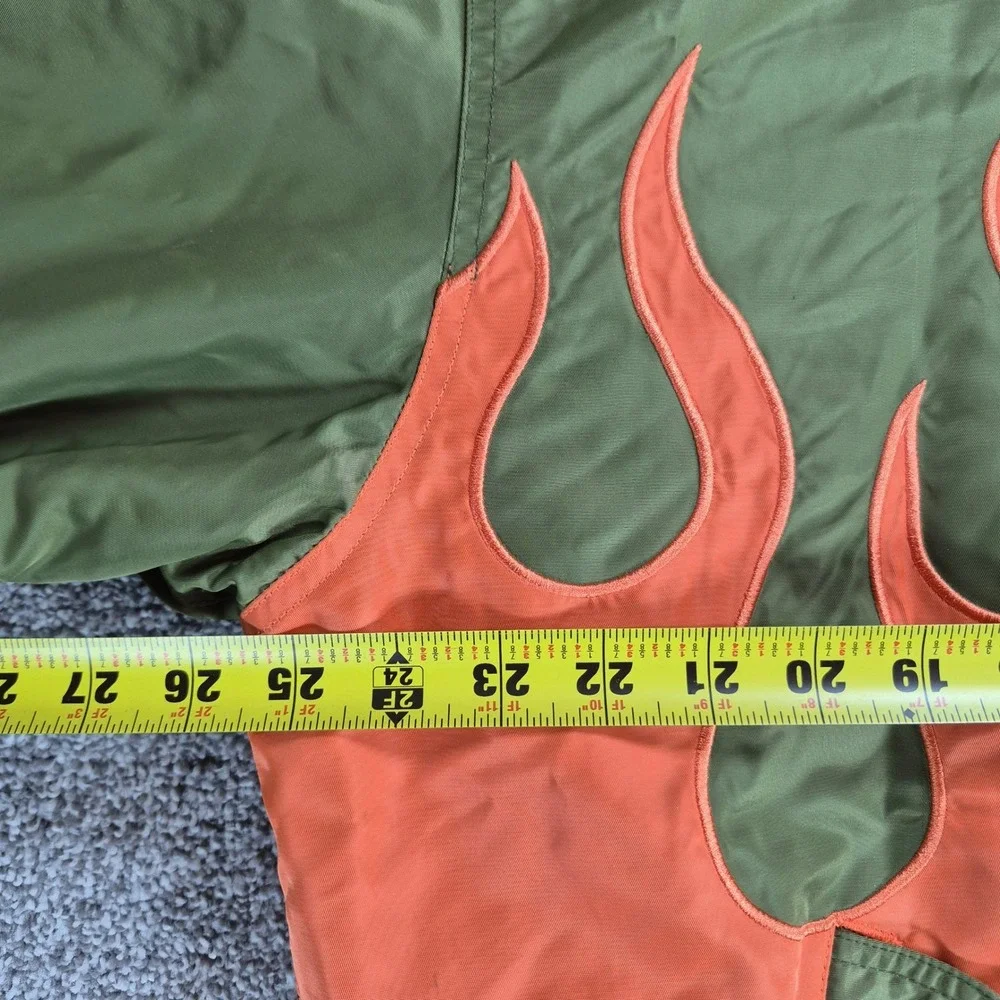 Teddy Fresh Bomber Jacket Mens XL Green Orange Flame‎ Print Streetwear